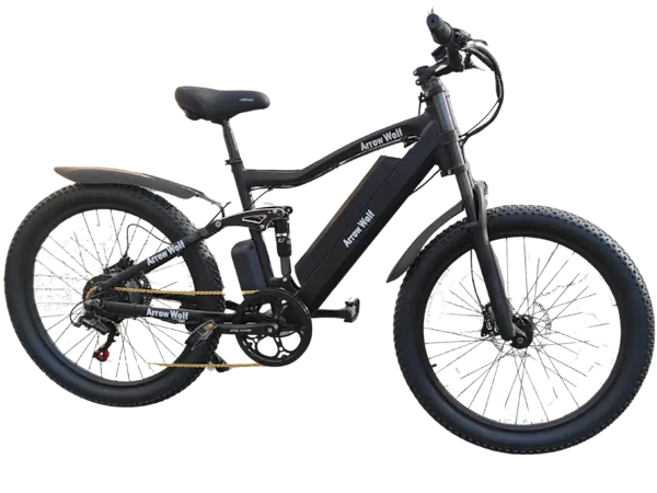 Електровелосипед Elwinn Arrow Wolf чорного кольору з подвійною вилкою та широкими шинами - вид збоку