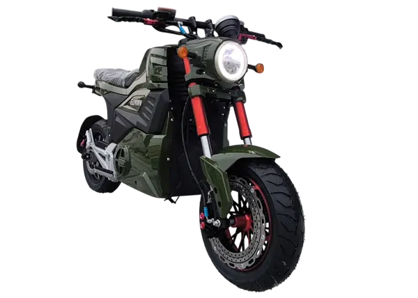 Электромотоцикл Elwinn MONK вид спереди — круглая LED-фара, перевёрнутая вилка, дисковые тормоза 34 см