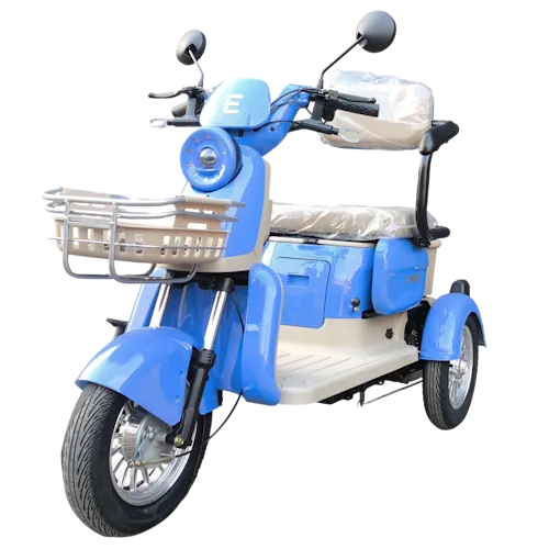 Электротрицикл Elwinn Glide синего цвета с широкой колесной базой 77 см - вид сбоку